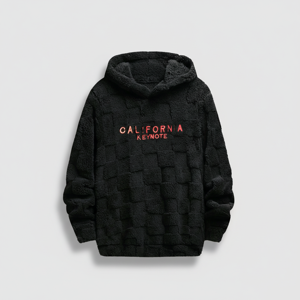 Text Embroidery Fuzzy Hoodie With Textured Design And Regular Fit For Men