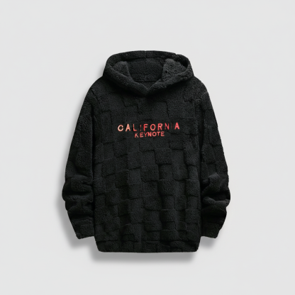 Text Embroidery Fuzzy Hoodie With Textured Design And Regular Fit For Men