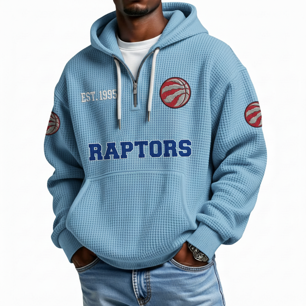 Toronto Raptors EST 1995 Printed Waffle Quarter Zip Basketball Fan Hoodie