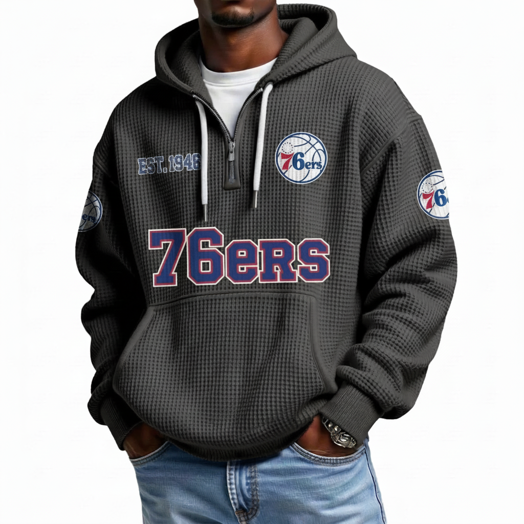 Philadelphia 76ers EST 1946 Printed Waffle Quarter Zip Basketball Fan Hoodie