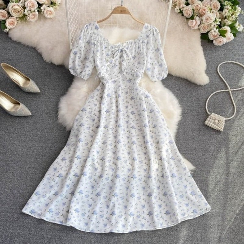 High Waist Floral Chiffon Short Sleeve Dress For Women-Soco Hoodie