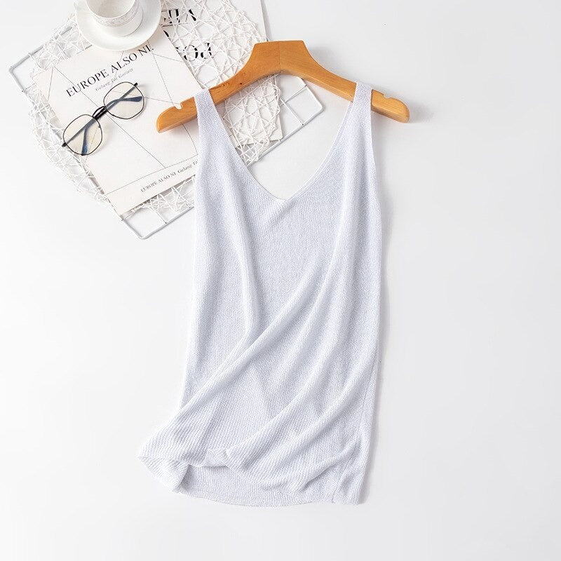 V-Neck Loose Bright Knitted Camisole Tanks For Women-Soco Hoodie
