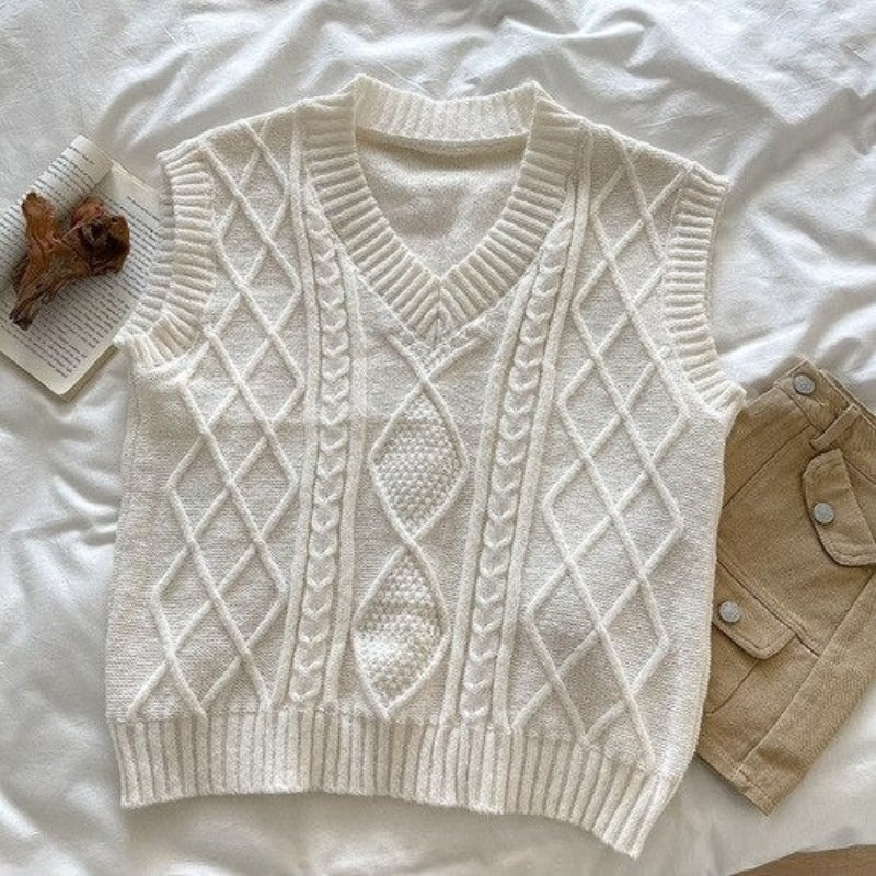 Woolen V-Neck Threaded Jacquard Sweater Vest-Soco Hoodie