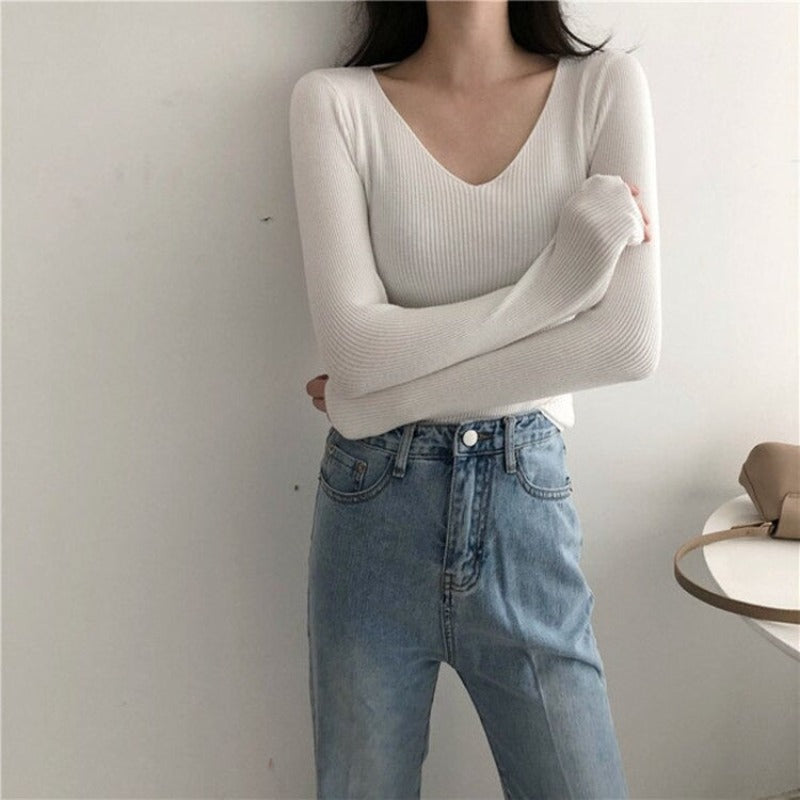 V-Neck Knitted Long Sleeves Skinny Pullovers For Women-Soco Hoodie