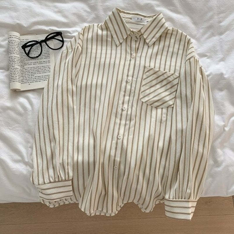 Korean Vertical Striped Long-Sleeved Shirt For Women-Soco Hoodie