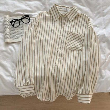 Korean Vertical Striped Long-Sleeved Shirt For Women-Soco Hoodie