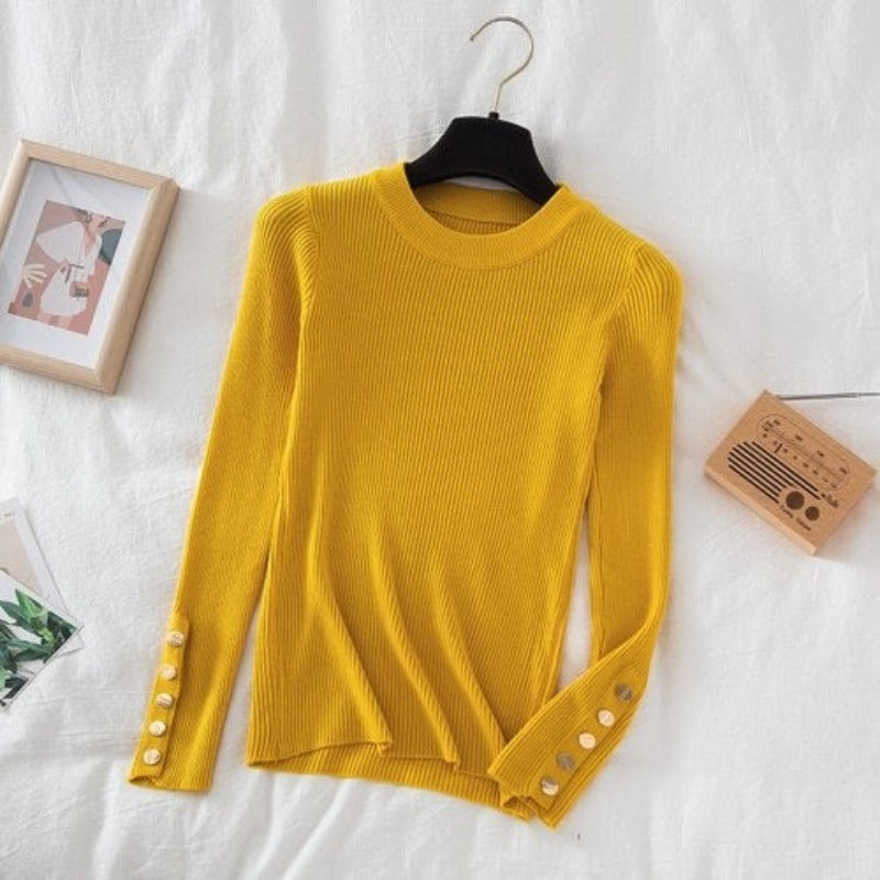 O-Neck Knitted Long Pullover With Buttons For Women Yellow One Size