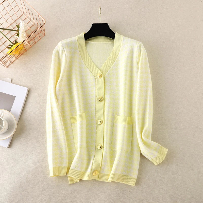 Elegant Houndstooth Knit Oversized Cardigan For Women-Soco Hoodie