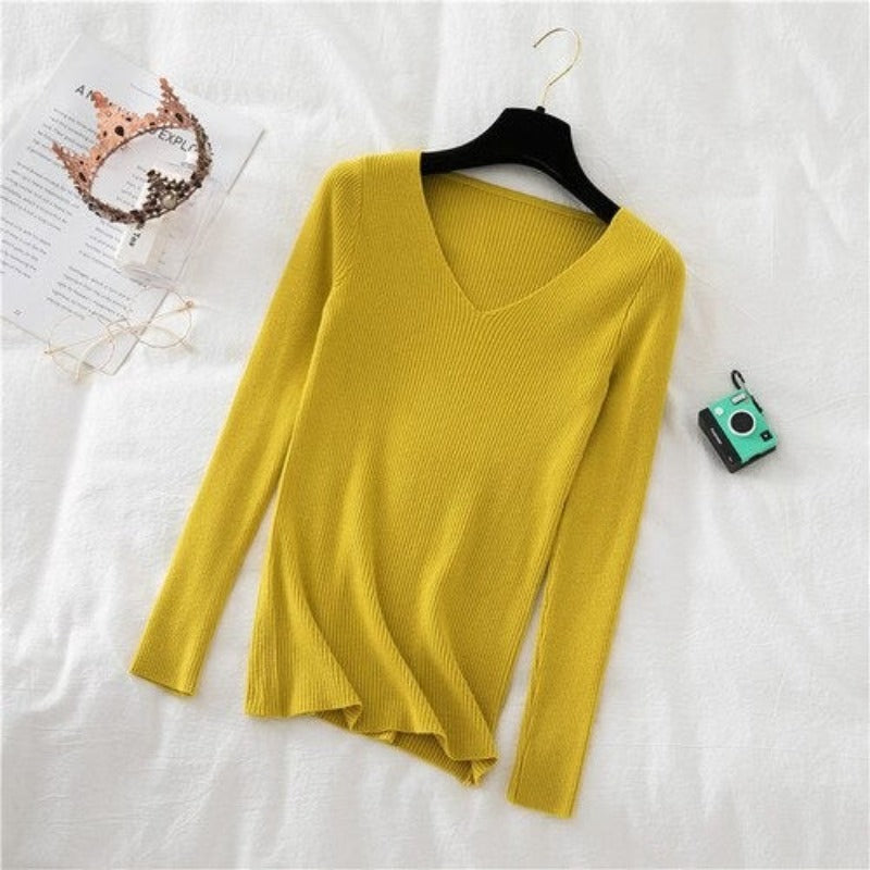V-Neck Long-Sleeved Woolen Knitted Pullover For Women-Soco Hoodie