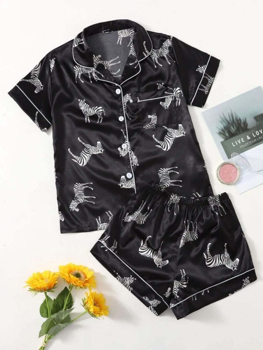 Zebra Print Contrast Binding Satin Shorts Set-Soco Hoodie