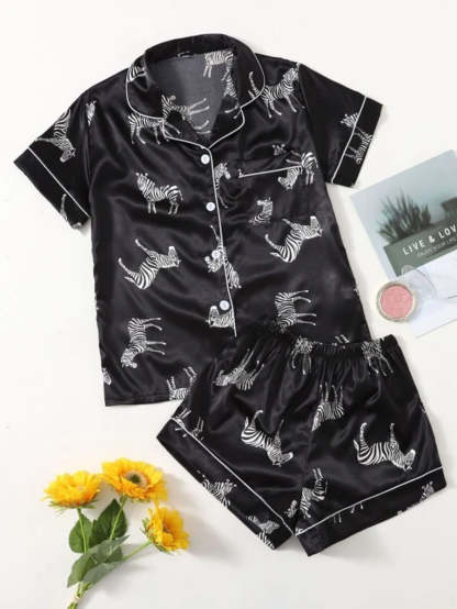 Zebra Print Contrast Binding Satin Shorts Set-Soco Hoodie