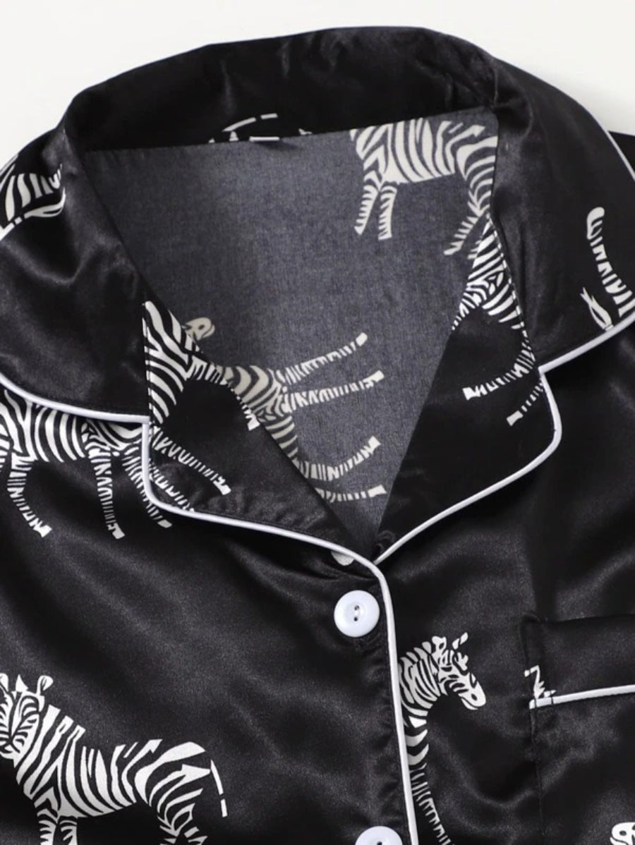 Zebra Print Contrast Binding Satin Shorts Set-Soco Hoodie