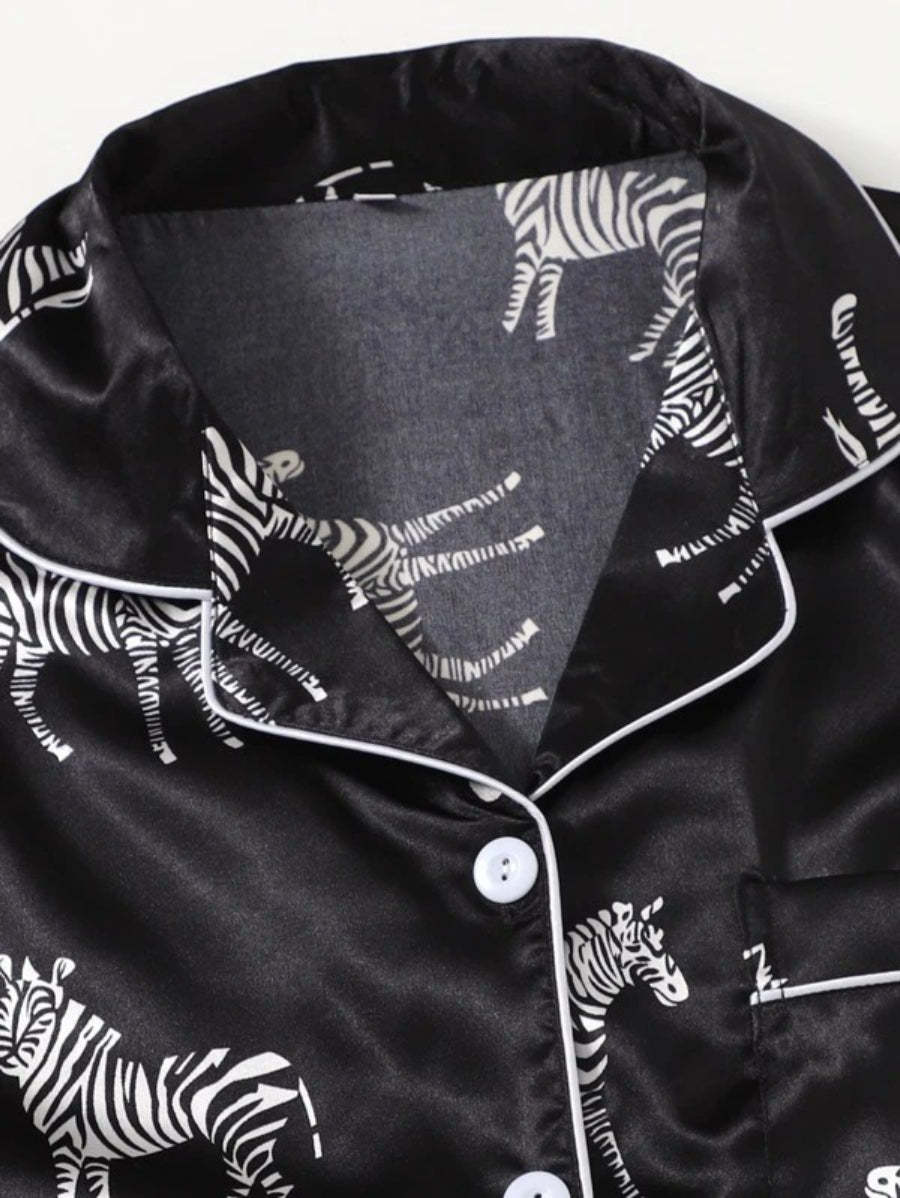 Zebra Print Contrast Binding Satin Shorts Set-Soco Hoodie