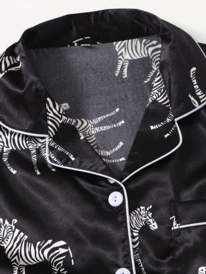 Zebra Print Contrast Binding Satin Shorts Set-Soco Hoodie