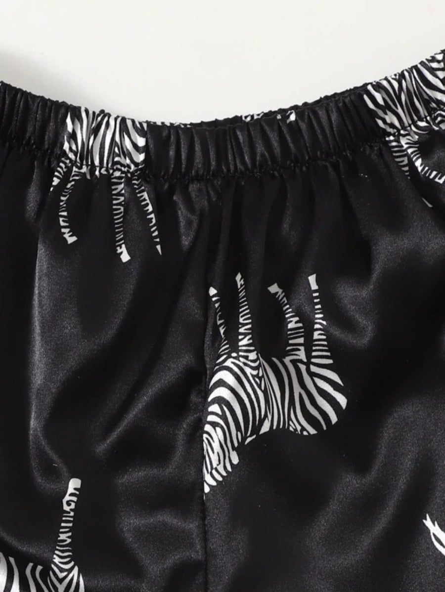 Zebra Print Contrast Binding Satin Shorts Set-Soco Hoodie