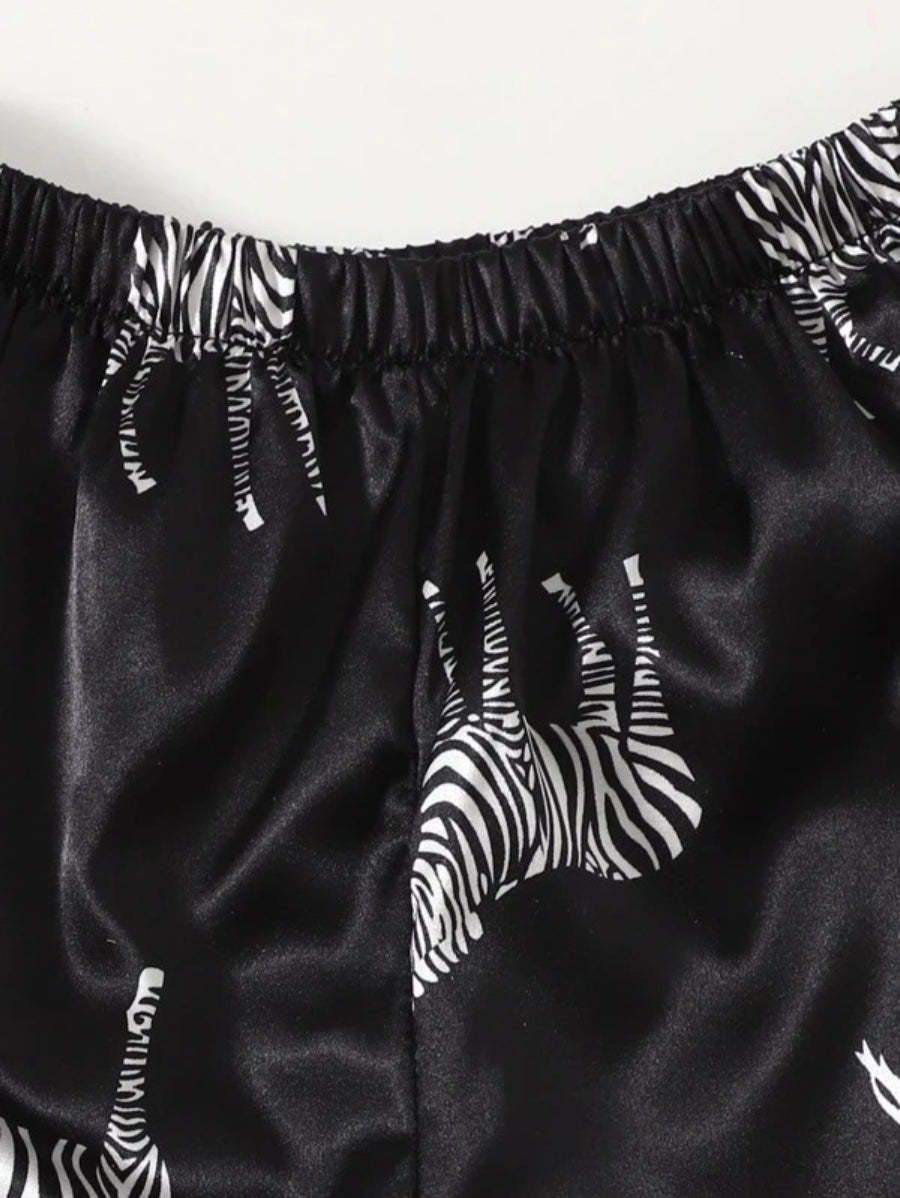 Zebra Print Contrast Binding Satin Shorts Set-Soco Hoodie