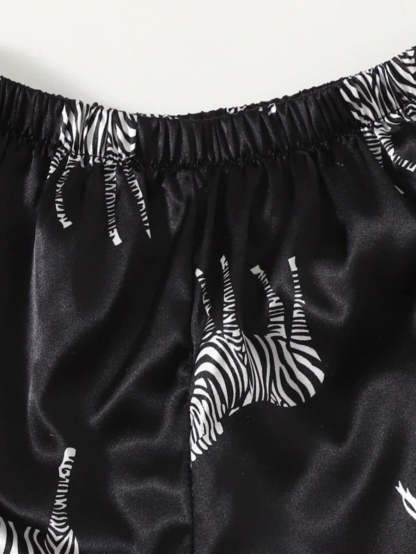 Zebra Print Contrast Binding Satin Shorts Set-Soco Hoodie