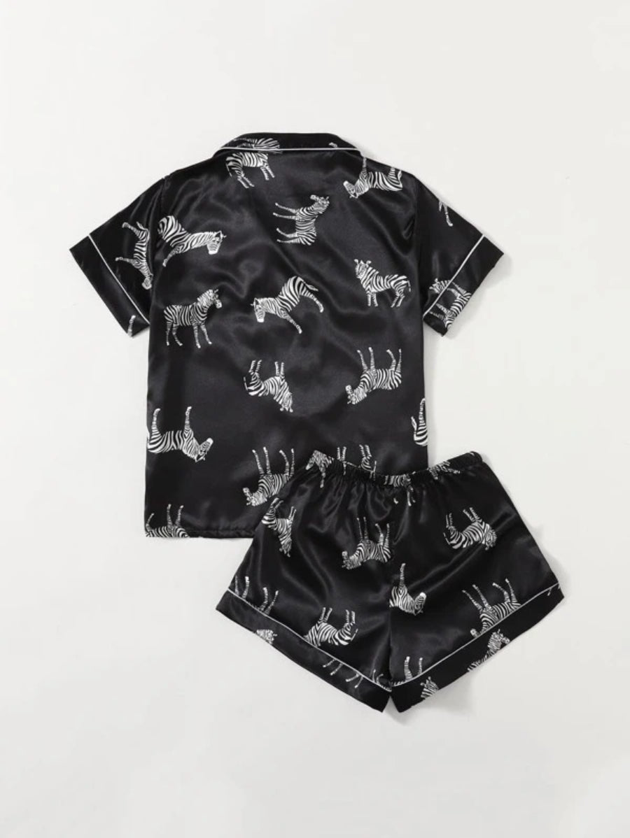 Zebra Print Contrast Binding Satin Shorts Set-Soco Hoodie