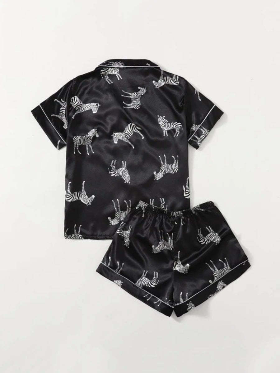 Zebra Print Contrast Binding Satin Shorts Set-Soco Hoodie