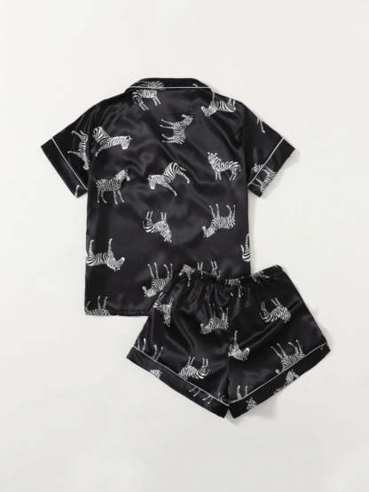 Zebra Print Contrast Binding Satin Shorts Set-Soco Hoodie