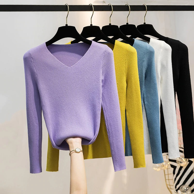 V-Neck Knitted Long-Sleeved Slim Tight Pullover For Women-Soco Hoodie