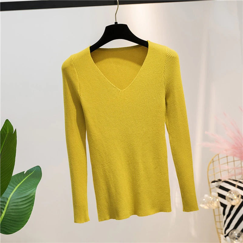 V-Neck Knitted Long-Sleeved Slim Tight Pullover For Women-Soco Hoodie