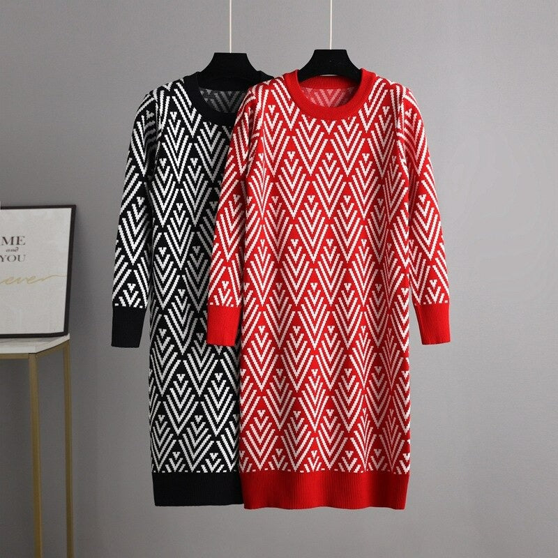 Multicolor Printed O Neck Knit Sweater Dress For Women-Soco Hoodie
