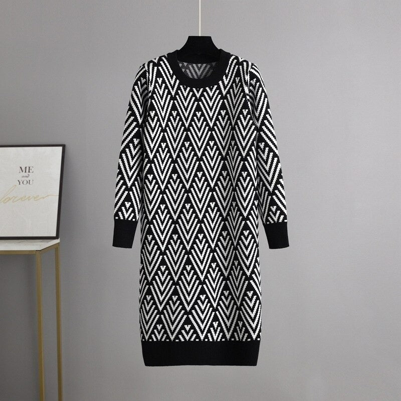 Multicolor Printed O Neck Knit Sweater Dress For Women-Soco Hoodie