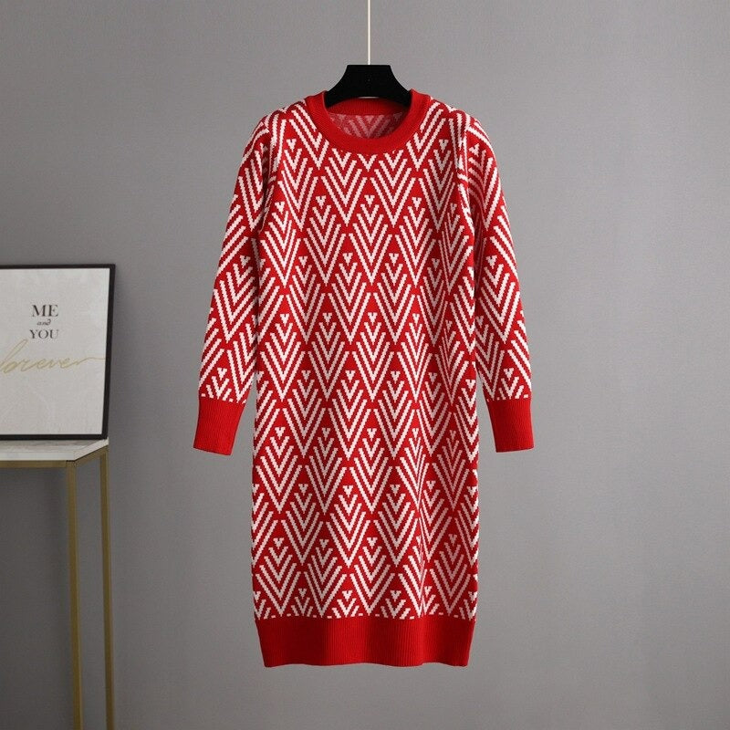 Multicolor Printed O Neck Knit Sweater Dress For Women-Soco Hoodie
