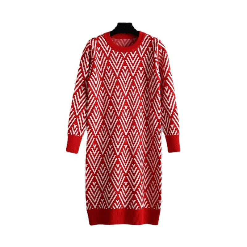 Multicolor Printed O Neck Knit Sweater Dress For Women-Soco Hoodie