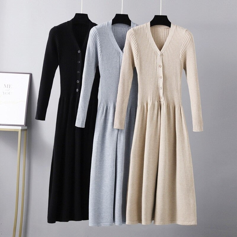 V-Neck Long Knit Maxi Sweater Dress For Women-Soco Hoodie