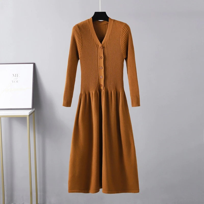V-Neck Long Knit Maxi Sweater Dress For Women-Soco Hoodie