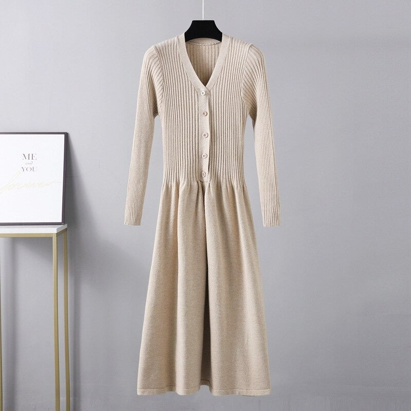 V-Neck Long Knit Maxi Sweater Dress For Women-Soco Hoodie