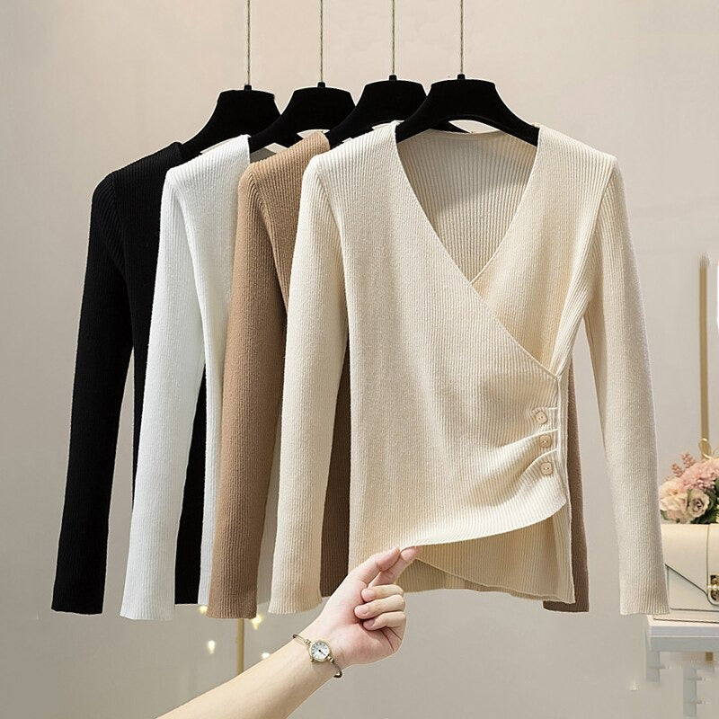 V-Neck Elegant Button Long-Sleeved Pullover For Women-Soco Hoodie