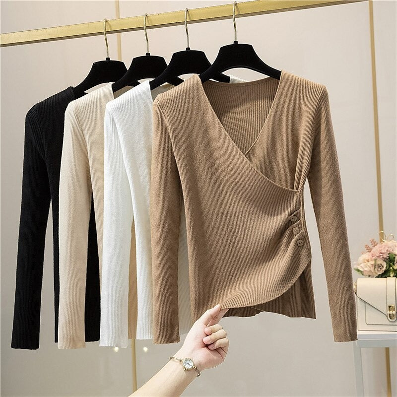 V-Neck Elegant Button Long-Sleeved Pullover For Women-Soco Hoodie