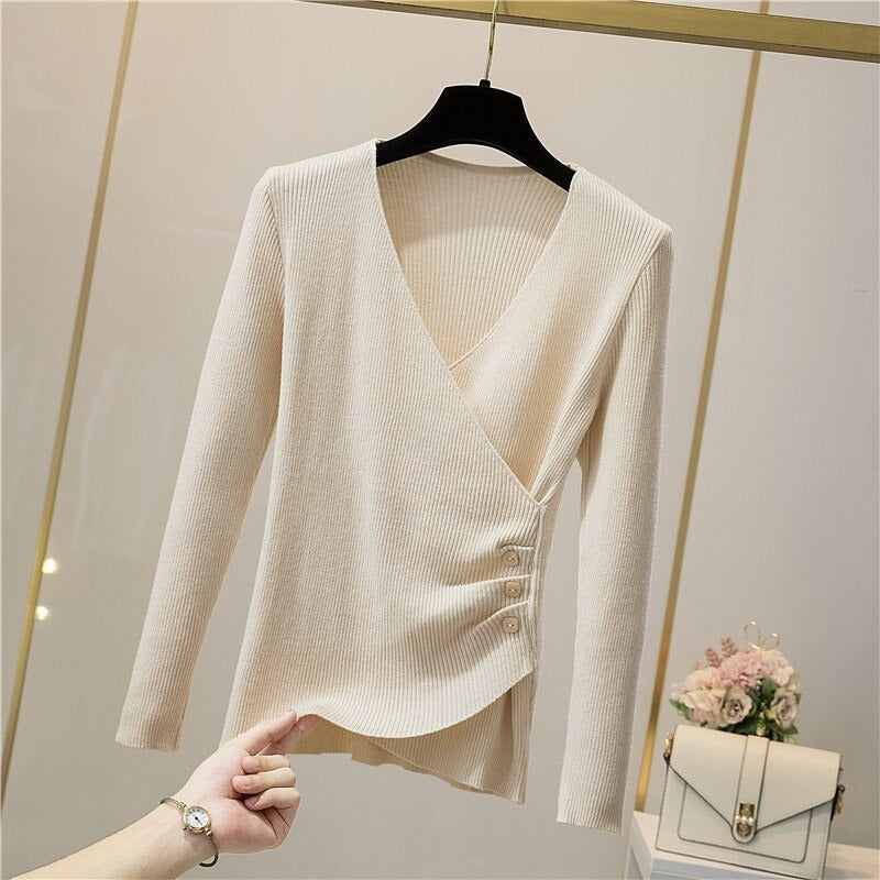 V-Neck Elegant Button Long-Sleeved Pullover For Women-Soco Hoodie