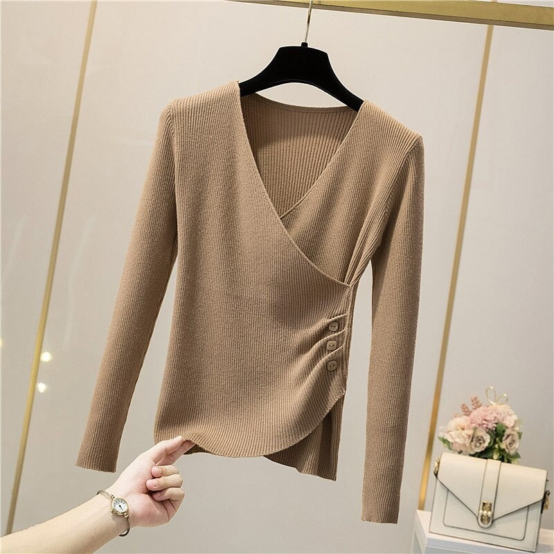 V-Neck Elegant Button Long-Sleeved Pullover For Women-Soco Hoodie