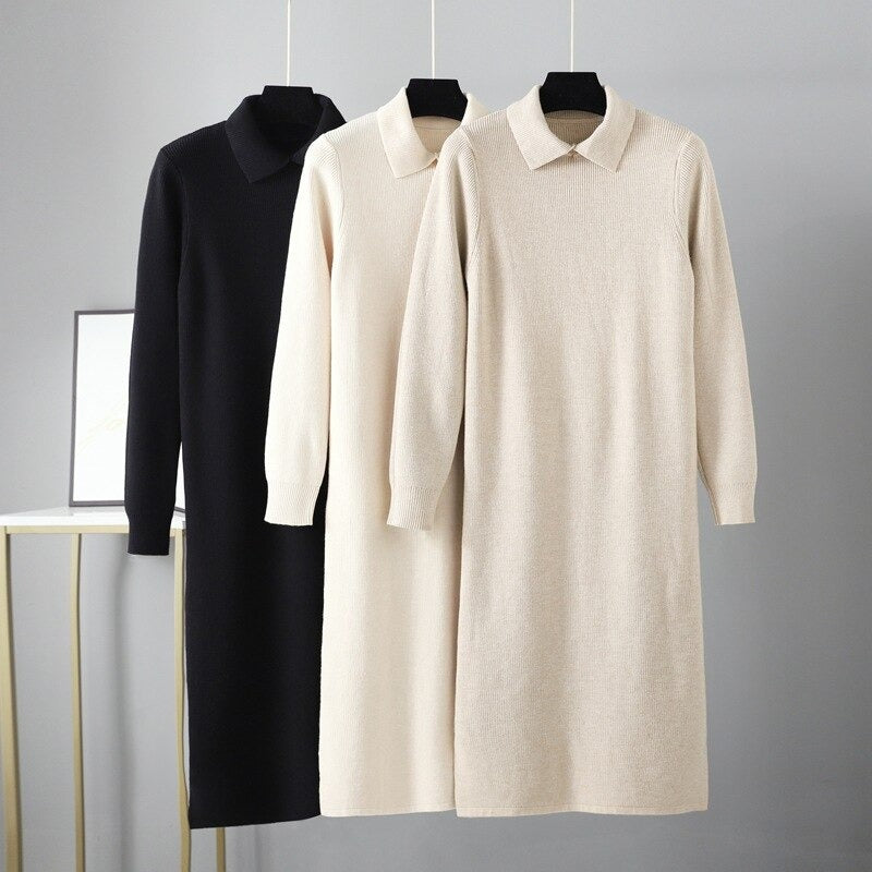 Oversized Polo Collar Knitted Long Straight Sweater Dress-Soco Hoodie