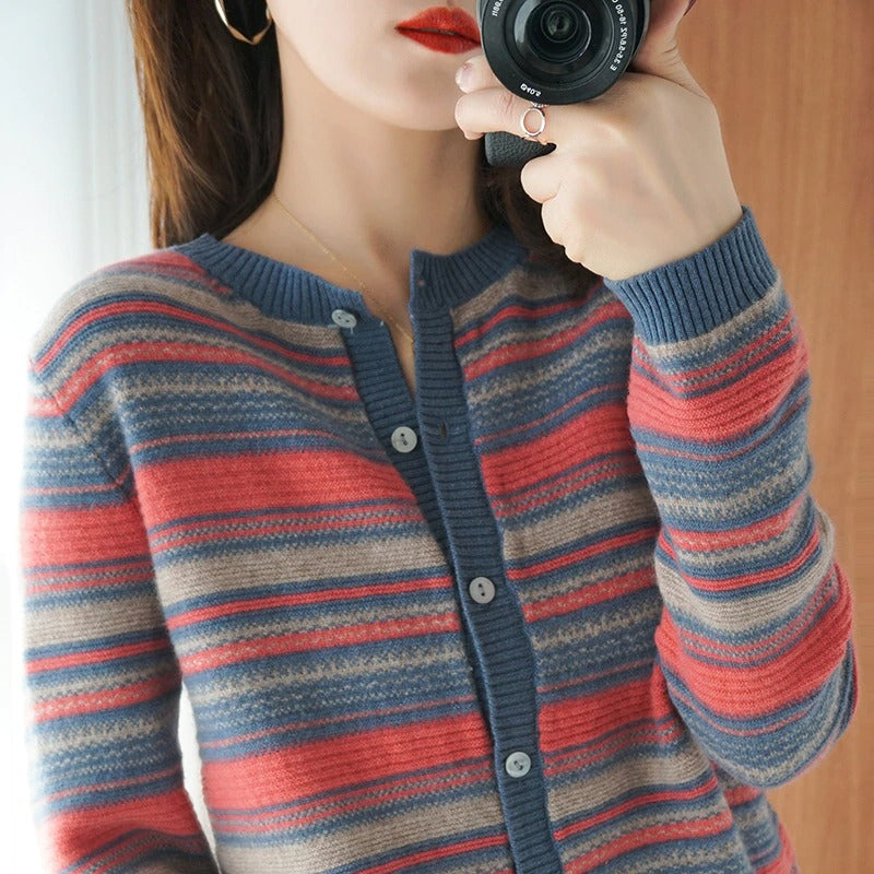 O-Neck Cashmere Knitted Striped Cardigan For Women-Soco Hoodie