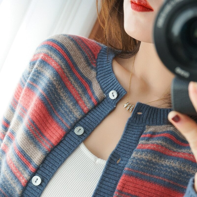 O-Neck Cashmere Knitted Striped Cardigan For Women-Soco Hoodie