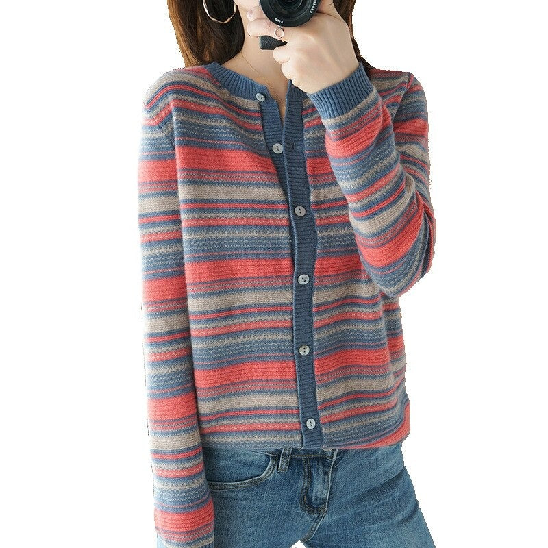 O-Neck Cashmere Knitted Striped Cardigan For Women-Soco Hoodie