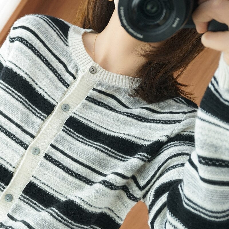 O-Neck Cashmere Knitted Striped Cardigan For Women Black One Size