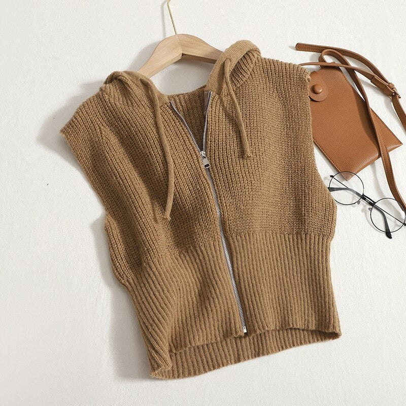 Loose Knitted Hooded Zipper Sweater Vest For Women-Soco Hoodie