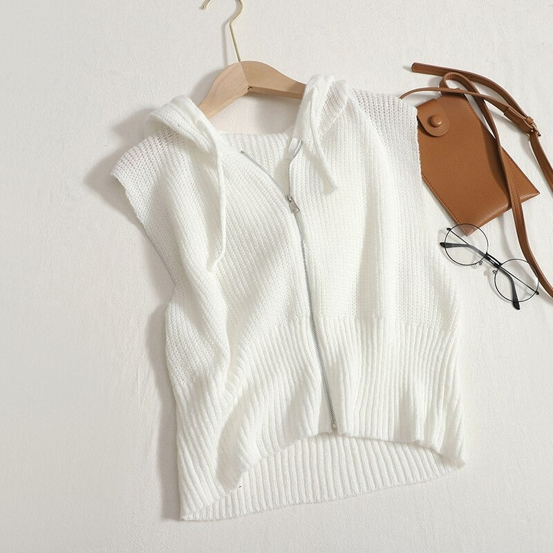 Loose Knitted Hooded Zipper Sweater Vest For Women-Soco Hoodie