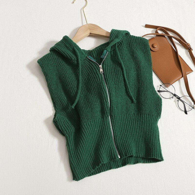 Loose Knitted Hooded Zipper Sweater Vest For Women-Soco Hoodie