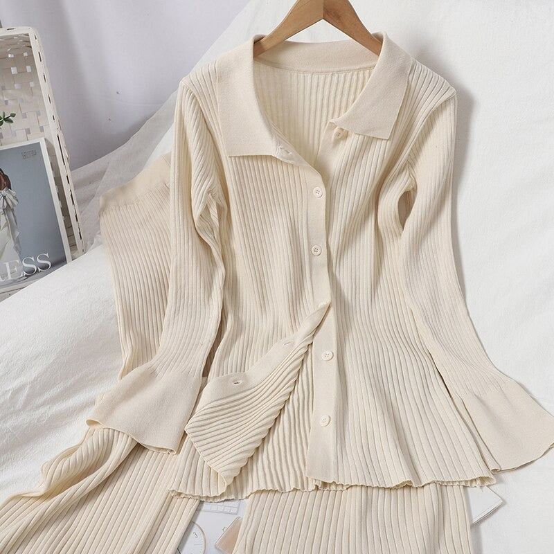 Knitted Two Piece Cardigan Shirt And Pants For Women-Soco Hoodie