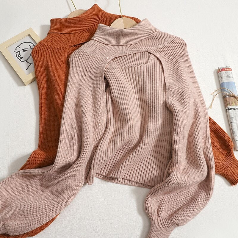 Turtleneck Long-Sleeved Knitted Smock With Vest Sweaters-Soco Hoodie