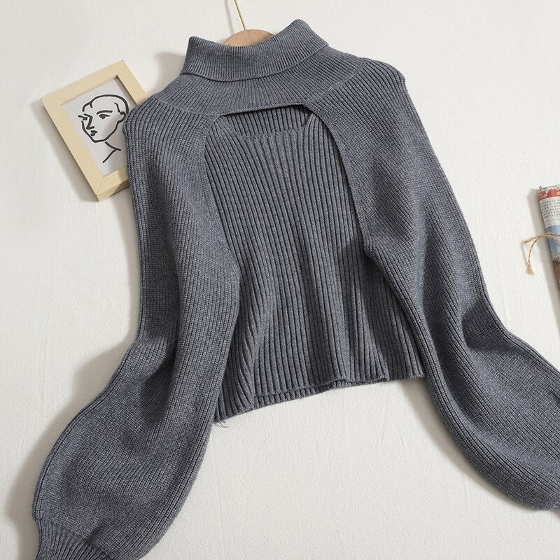Turtleneck Long-Sleeved Knitted Smock With Vest Sweaters-Soco Hoodie