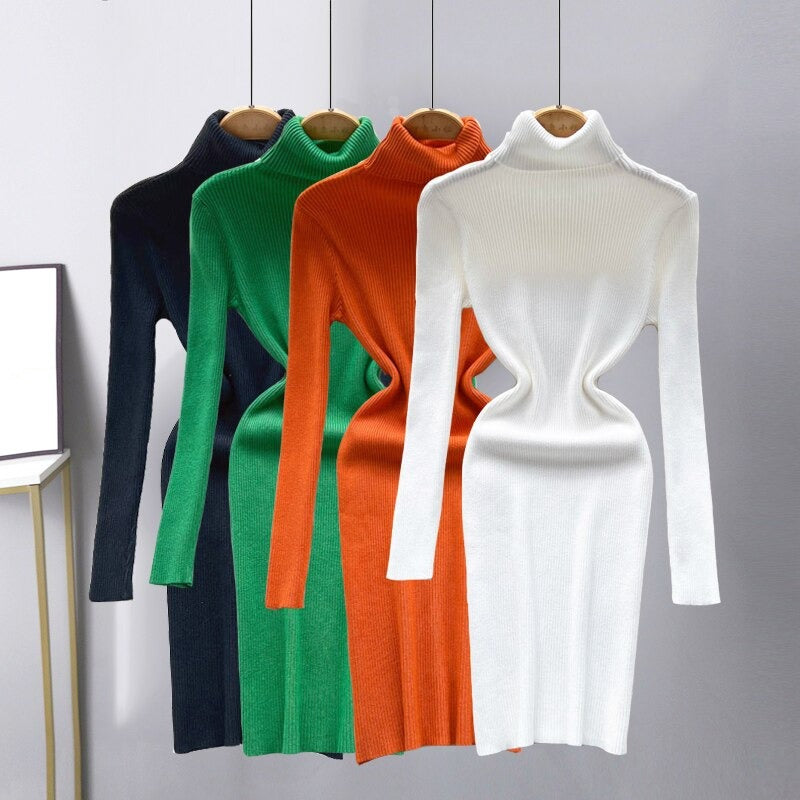 Long Sleeves Turtleneck Sheath Sweater Dress For Women-Soco Hoodie
