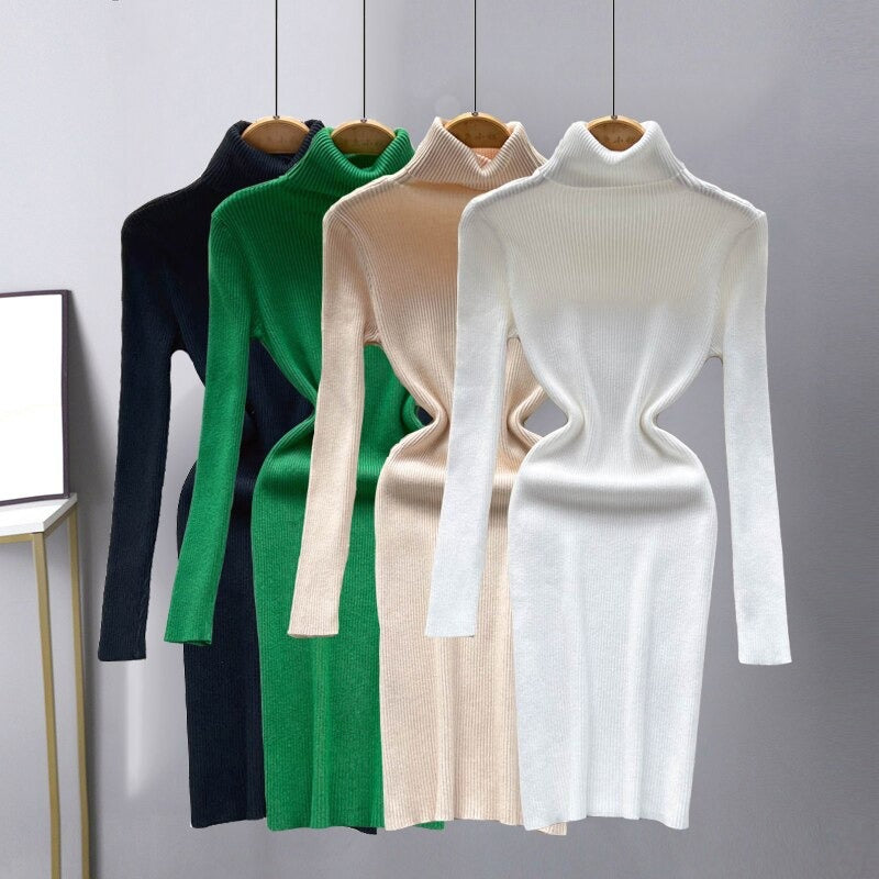 Long Sleeves Turtleneck Sheath Sweater Dress For Women-Soco Hoodie